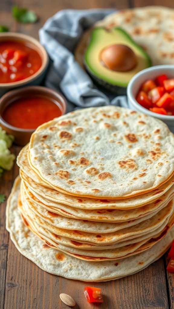 A stack of golden keto almond flour tortillas with fresh ingredients like avocado and salsa on a rustic table.